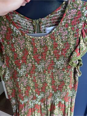 Lost + Wander Kids Olive Floral Smocked Dress with Red Accents